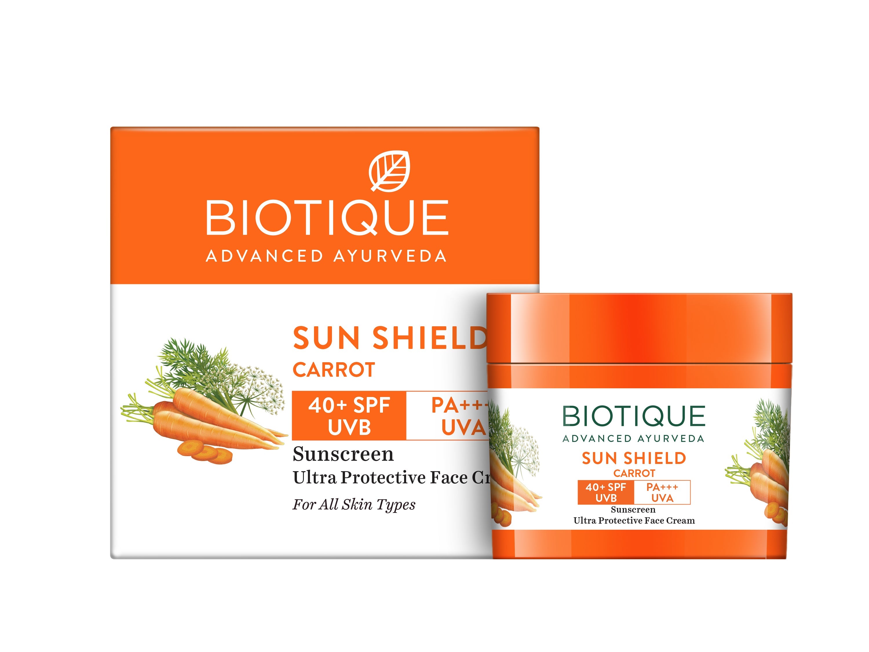 Sun Shield CARROT, 40+ SPF UVA/UVB Sunscreen Ultra Protective Face Cream, Biotique (МОРКОВЬ Ультра-солнцезащитный крем для лица, Для всех типов кожи, Биотик), 50 г.