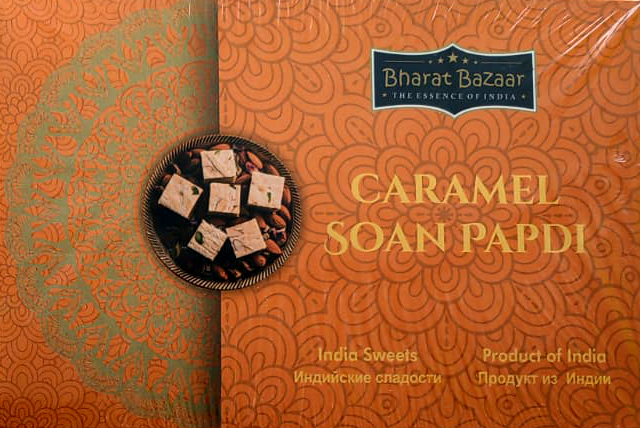 CARAMEL Soan Papdi, Bharat Bazaar (Соан Папди со вкусом КАРАМЕЛИ, индийские сладости из нутовой муки, Бхарат Базар), 250 г.
